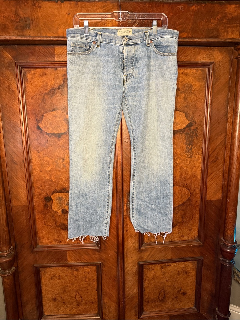 Nili Lotan Cropped Boyfriend Jeans Frayed Raw Hem Blue Size 26 W: 33”